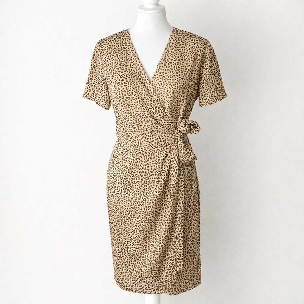 Vintage 90s Tess Atelier 100% Silk Leopard Wrap Dress Petite 8P Bias Cut Midi